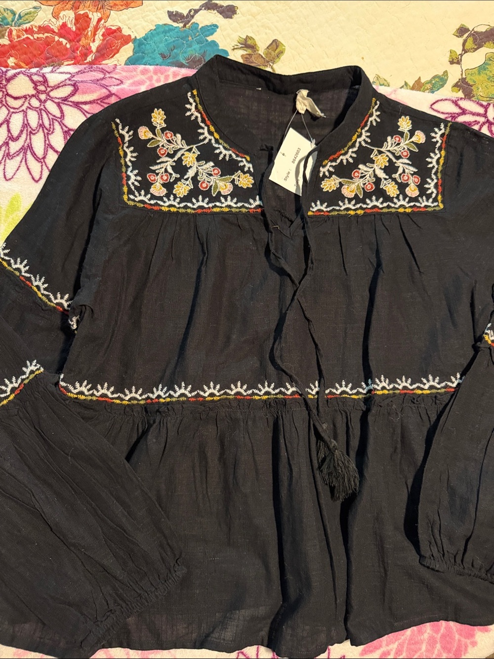 Boho Embroidered Black Peasant Blouse - Rebellion medium or small.